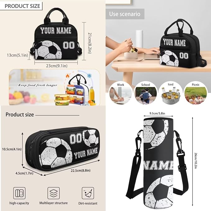 Customized Soccer Football Black School Bookbag Set for Boys Girls 4 Piece Ball Laptop Backpack Lightweight Lunch Bag Carry on Backpack Pencil Pen Pouch Organizer Water Bottle Bags - Image 6