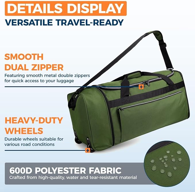 Uarition 70L Foldable Rolling Duffle Bag with Wheels, 28” Large Duffle Bag for Travel, Carry On Luggage Duffel Bag for Traveling/Camping/Moving, Water Resistant, Green - Image 5
