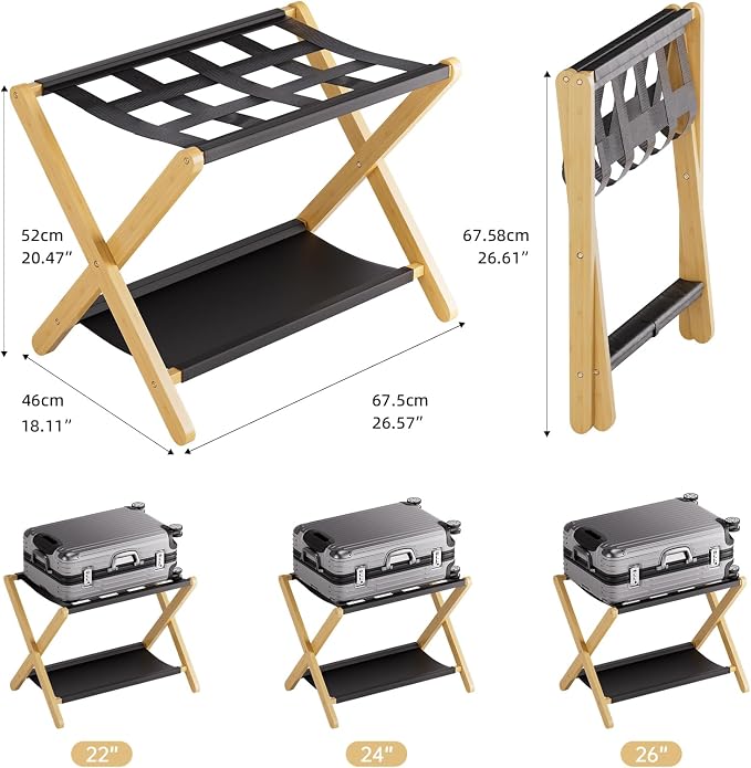 HITNET Luggage Rack 2 Pack, Folding Suitcase Stand for Guest Room, Bamboo Luggage Holder with Storage Shelf for Hotel Bedroom, Natural - Image 4