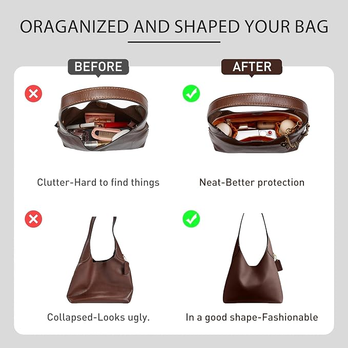 Dupont Paper Brooklyn 28 Bag Insert, Lightweight Purse Organizer for Coach Brooklyn 28 Shoulder Bags, Handbag Inner Divider Shaper with Elastic Cup Holder Smooth Zipper,White&Honey - Image 4