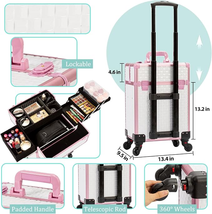 Arous Rolling Train Makeup Case Cosmetology Case on Wheels, White | Cosmetic Travel Trolley 4 Tray with Sliding Rail Removable Middle Layer with Key Salon Barber Case Traveling Cart Trunk - Image 5