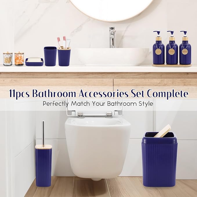 XLHOMO Navy Blue Bathroom Accessories Set 17PCS Bathroom Set with Trash Can 3PCS Lotion Soap Dispenser, Toothbrush Holder,6PCS Wood Tags Bath Accessories with Tray for Kitchen Bathroom - Image 5