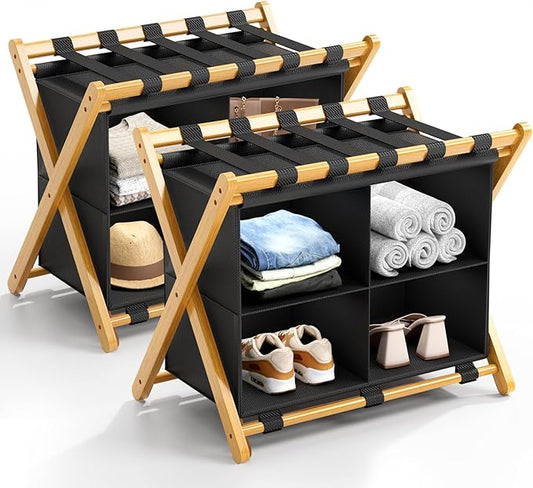 Folding Luggage Rack, 2-Pack Natural Bamboo Suitcase Stands with 4 Storage Compartments , Sturdy Luggage Holders for Guest Room, Bedroom, Hotel by Unknown