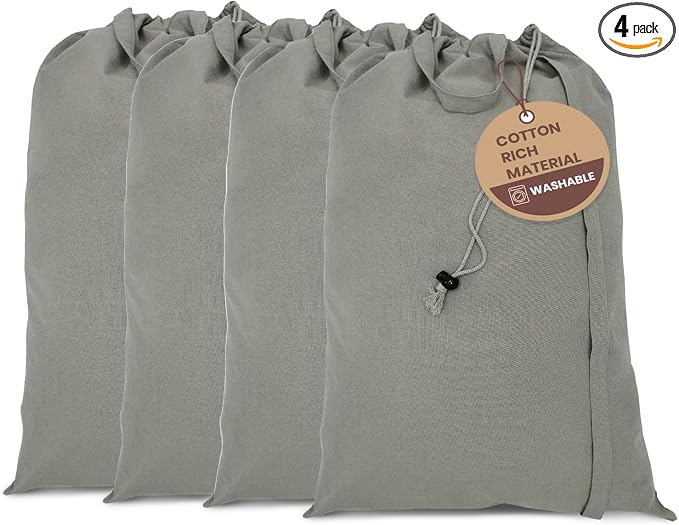 LFH Home Cotton Rich Large Laundry Bag with Handle, Heavy Duty Drawstring Closure Washable Laundry Bags, School Travel, Home, Hotel, College Dorm, Organizer Sack, Toys Clothes 20x30 (Pack of 4)-Grey by LFHHomePrivateLimited
