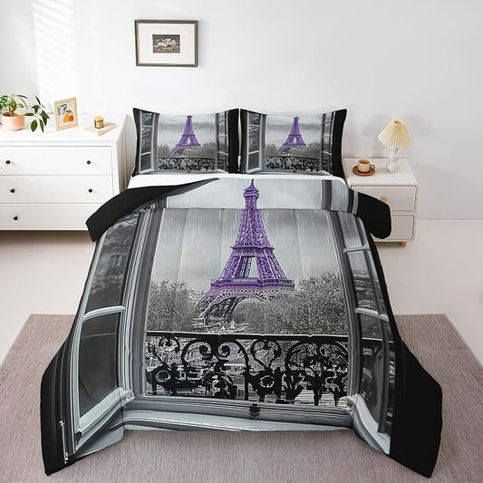 Erosebridal Purple Eiffel Tower Comforter Set Full,Vintage France Paris Bedding Set for Girls Teens Women Retro City Building Down Comforter Romantic Rainy Day Quilt Set 2 Pillow Cases Bedroom Decor by Erosebridal