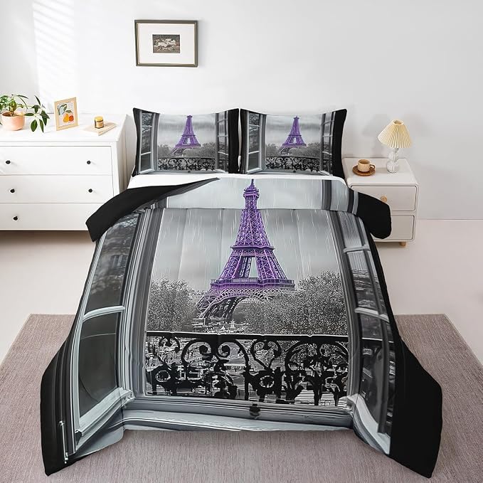 Erosebridal Purple Eiffel Tower Comforter Set Twin,Vintage France Paris Bedding Set for Girls Boys Teens Women Retro City Building Down Comforter Romantic Rainy Day Quilt Pillow Case Bedroom Decor by Erosebridal