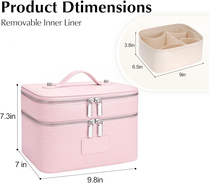 Makeup Case,Leather Double Layer Makeup Bag Duo,Large Portable Travel Toiletry Case Cosmetic Organizer for Women - Image 2