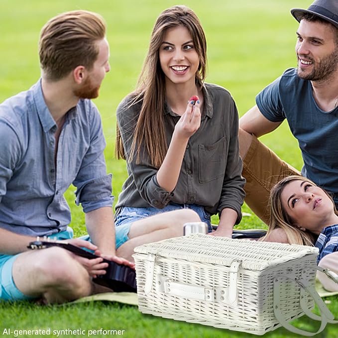 Picnic Basket Set for 4 with Waterproof Blanket Mat Insulation Bag Wicker Pink White Floral Classic Fresh Gift for Christmas Thanksgiving Wedding Birthday Camp Outdoor Beach Travel - Image 7