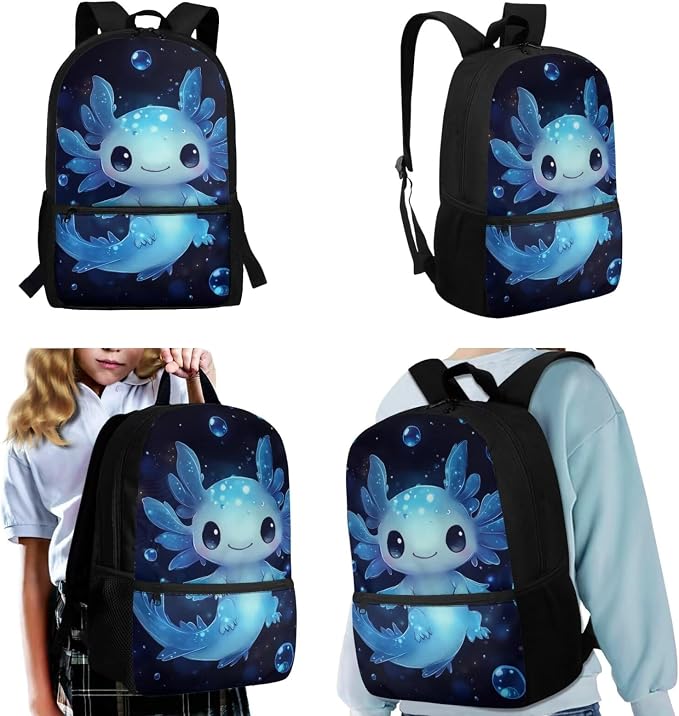 Blue Axolotl Backpack with Lunch Box Kids Girls 4 Grade Elementary School Bookbag and Lunch Bag Set 3 in 1 Middle Student Back Pack 8-10/6-8/4-6 Toddler Schoolbag Lunchbox Pencil Case - Image 2