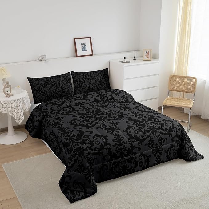 Erosebridal Adults Black Damask Bedding Set Antique Victorian Baroque Down Comforter King Gothic Vintage Floral Comforter Set Bohemian Exotic Bedding Quilted Grey Bedroom Decor 2 Pillow Cases - Image 4