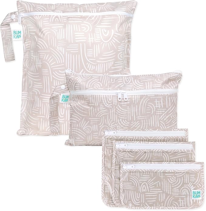 Bumkins - Waterproof Wet Bag, Wet/Dry Clutch & Clear Travel Bags - For Beach, Baby, Travel, Cloth Diapers, Pump Parts, Pool, Gym, Toiletries - Reusable & Easy to Clean - Boho Beige - 5 Pack by Bumkins