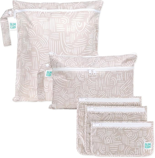 Bumkins - Waterproof Wet Bag, Wet/Dry Clutch & Clear Travel Bags - For Beach, Baby, Travel, Cloth Diapers, Pump Parts, Pool, Gym, Toiletries - Reusable & Easy to Clean - Boho Beige - 5 Pack by Bumkins