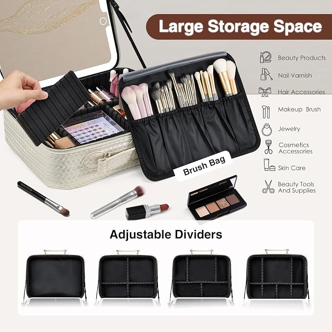 Faquenc Makeup Bag with LED Lighted Mirror 12.2 IN Travel Makeup Bag Adjustable Brightness in 3 Colors Cosmetic Organizer Artist Storage Bag with Dividers Brush Holder Bag Vanity Beige - Image 3