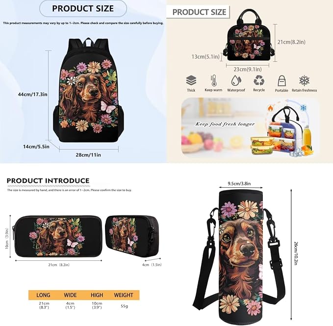 Kids School Backpack for Girls with Water Bottle Carrier Insulated Lunch Box Pencil Case for Kids, Dachshund Floral Kids School Bag Bookbag for Preschool Kindergarten Elementary - Image 7