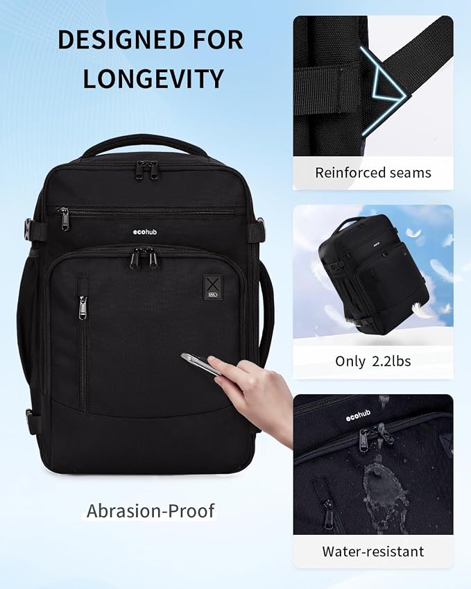 ECOHUB 19" Large Travel Backpack, Carry on Luggage Airline Approved, Water Resistant Rucksacks Fit 15.6" Laptop, AirTag Pocket, Lightweight Casual Daypack, 34L, Black - Image 4