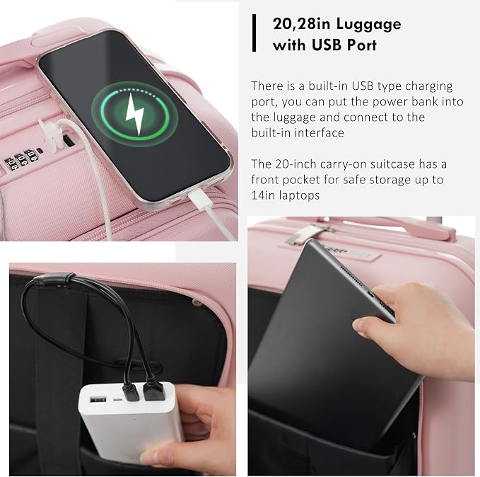 20 Inch Checked Suitcase with TSA Lock Travel Duffel Bag Wet-Dry Toiletry Bag, Pink Front-Opening - Image 3