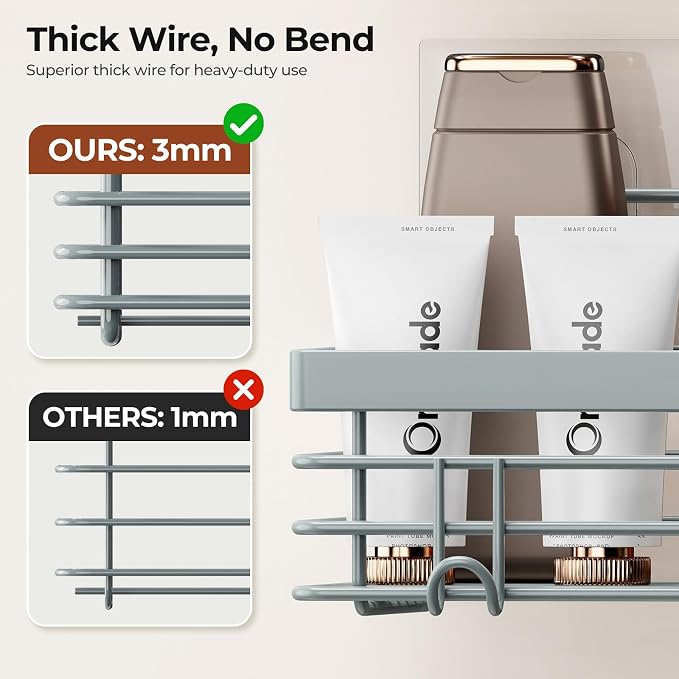 Orimade Shower Caddy with 5 Hooks for Hanging Razor and Sponge Adhesive Shower Shelf Basket Bathroom Storage Organizer Kitchen Rack No Drilling Stainless Steel Rustproof - 2 Pack, Light Blue Grey - Image 3