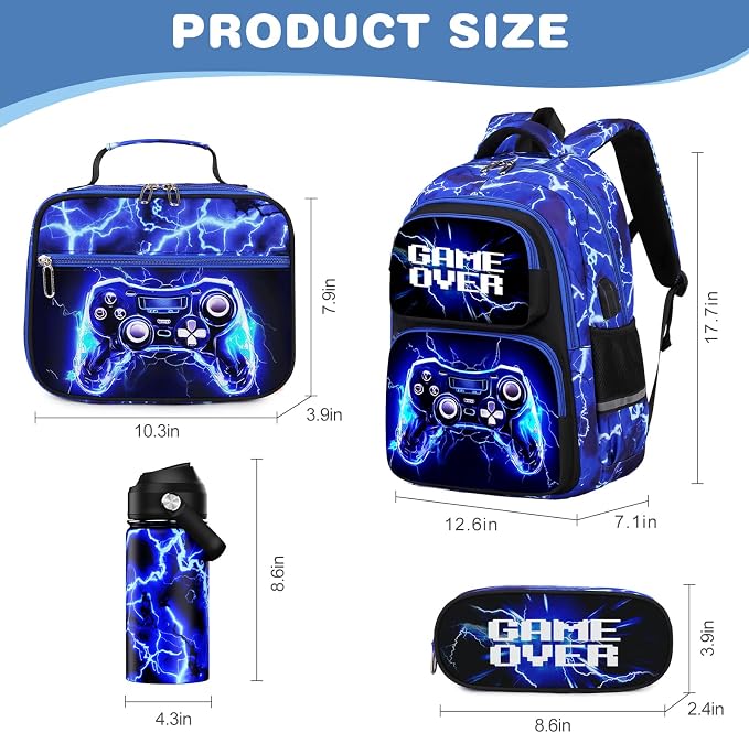 Bevalsa Kids Backpack for Boys with 14oz Insulated Bottle, Gamer Backpack School Bags for Kids & BPA-FREE Stainless Steel Metal Bottle with Straw Lid for Elementary Middle School Student (Lightning) - Image 2