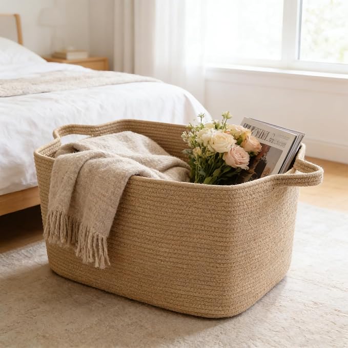96L Extra Large Cotton Rope Laundry Basket with Sturdy Handles | 24x16x15 Foldable Rectangular Blanket Basket for Toys, Clothes & Pillows,Ideal for Nursery, Bathroom, Bedroom, Living Room - Image 4