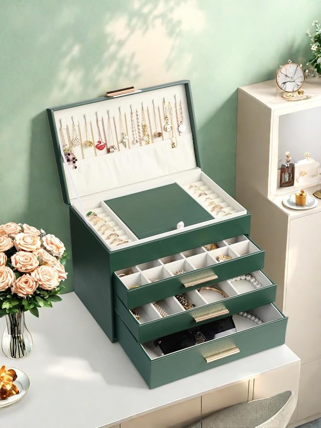 BOOVO Jewelry Boxes for Women, White and Black 6 Layer Large Jewelry Box for Necklace, Bracelet, Earrings, Rings Storage, Jewelry holder Organizer for Girls Gift (Green, 5 Layer) - Image 5