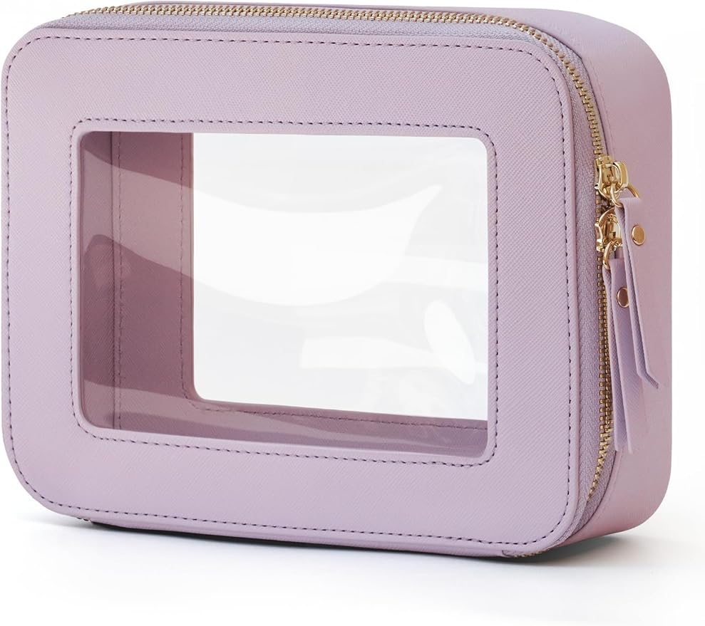 Popvibe Clear Makeup Bag Travel Cosmetic Case Transparent Toiletry Bag with Zipper, Portable Make Up Organizer Traveling Compact Car Bag for Essentials, Purple, Medium by POPVIBE