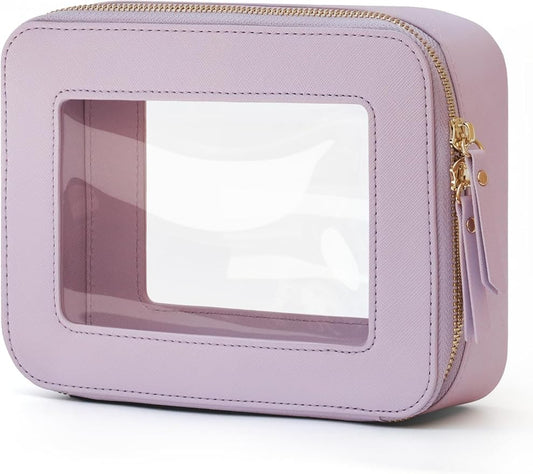 Popvibe Clear Makeup Bag Travel Cosmetic Case Transparent Toiletry Bag with Zipper, Portable Make Up Organizer Traveling Compact Car Bag for Essentials, Purple, Medium by POPVIBE