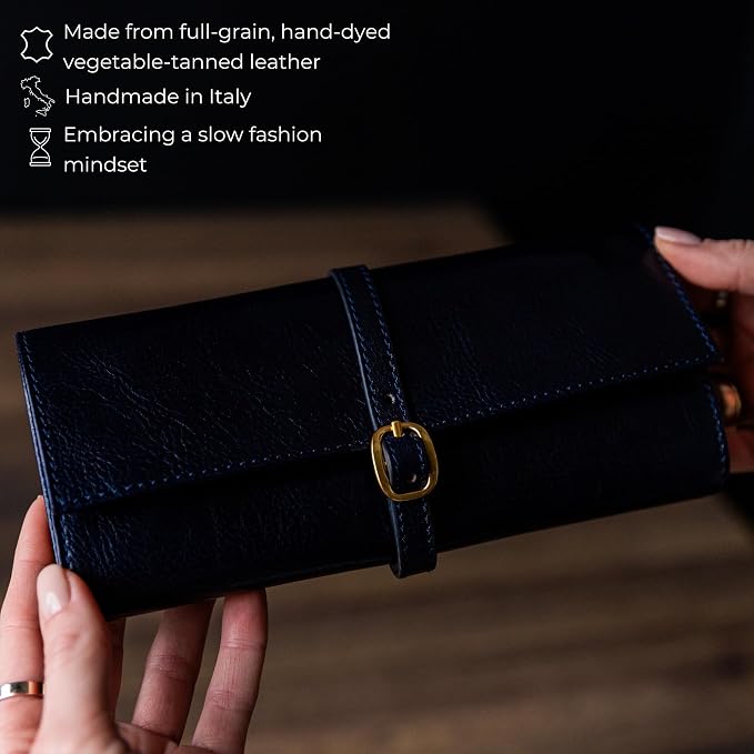 Time Resistance Leather Jewelry Roll - Full Grain Leather Travel Jewelry Case - Jewellery Organizer Made in Italy (Blue) - Image 4