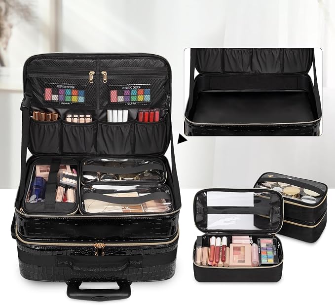 OCHEAL 18" Rolling Makeup Train Case Professional 2-in-1 Trolley Case | | Large Makeup Case, 6 Travel Cosmetic Bags, Pro Artists & Makeup Artists, Beauty Trolley Train Case - Image 4