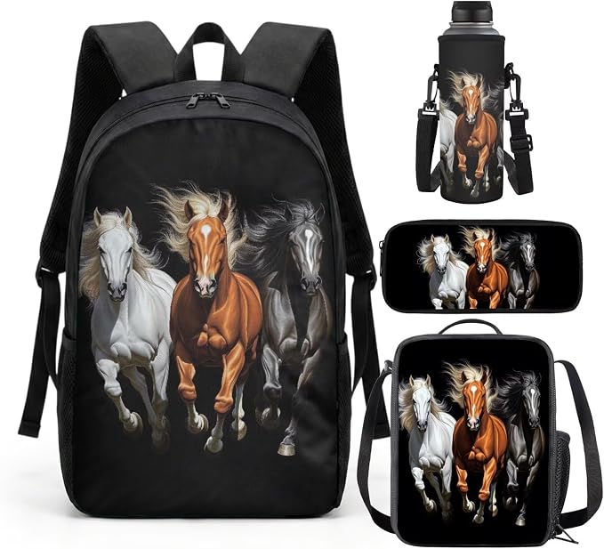 Horse Backpack and Lunch Box for Girls 6-8/8-10 Black Bookbag for 3rd Grade 17in Primary/Elementary School Book Bag and Lunchbox 4PCS Kids Back to School Back Pack Set by SCRAWLGODDreamWardrobe
