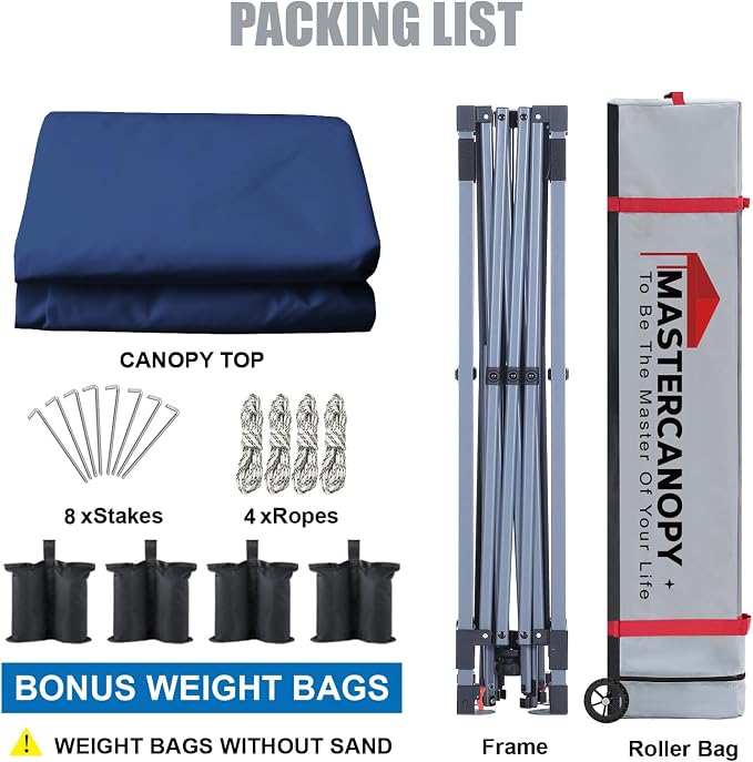 MASTERCANOPY 10x10 Pop Up Canopy Tent, 1 Person Setup Instant Shelter,Outdoor Portable Beach Canopy with Roller Bag, 4 Sandbags, 4 Ropes, 8 Stakes (10x10, Navy Blue) - Image 5
