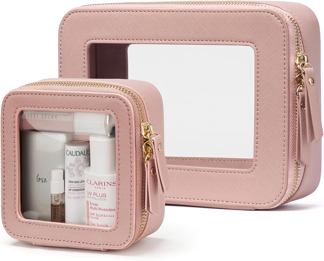 Popvibe Clear Makeup Case Toiletry Bag Travel Medium Clear Cosmetic Bag with Zipper, Make Up Bag Organizer Traveling TSA Approved Transparent Bag Car for Essentials, Mini & Medium, Mauve by POPVIBE