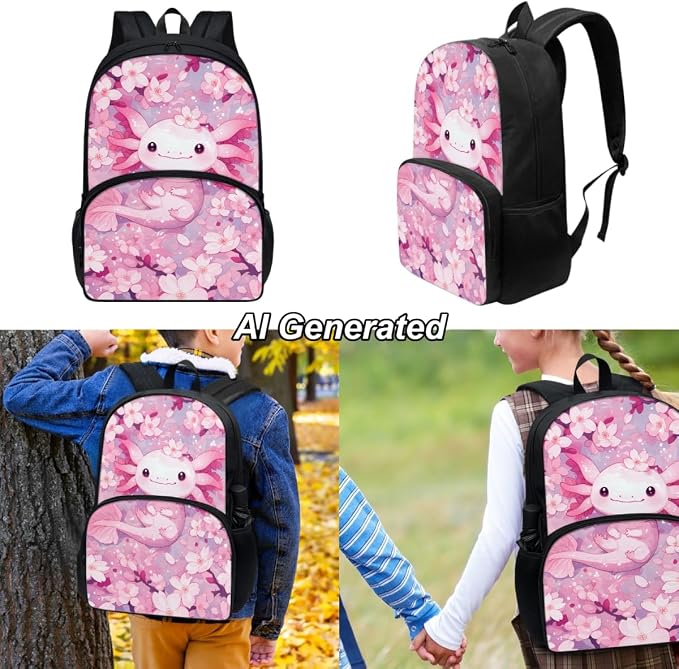 Axolotl Kids Backpack for School Girls Axolotl School Bookbag with Lunch Box Pencil Case Set 3Pcs Floral Kids 17inch Cute Schoolbag Primary Middle School - Image 2