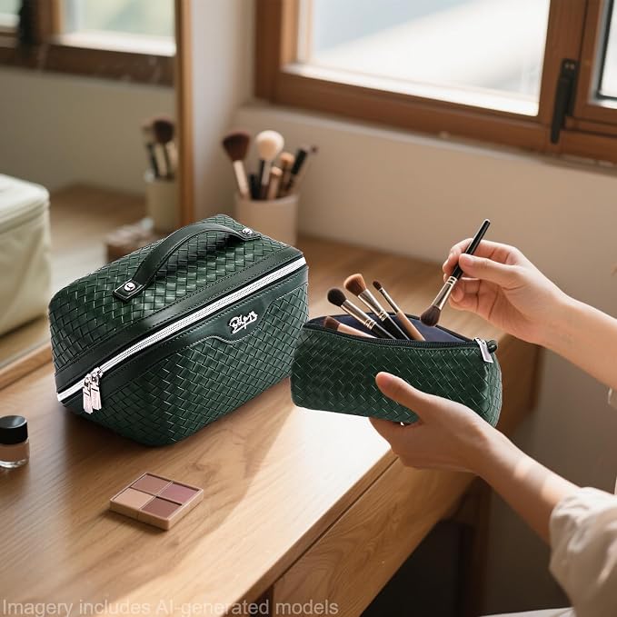 BOYATU Travel Makeup Bag Cosmetic Bags for Women: Large Capacity 3 Pcs Set Make up Bag with Compartments - Waterproof Vegan Leather Toiletry Organizer Bags with Handle (L06 Olive) - Image 7