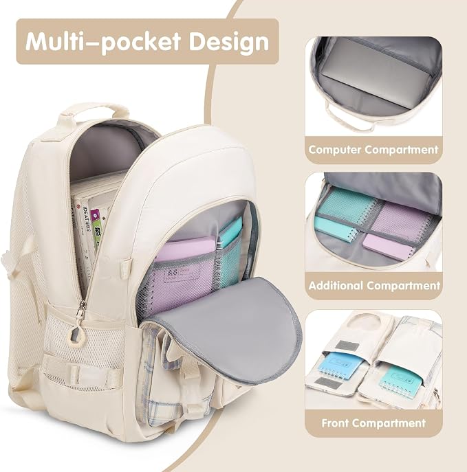ACESAK Backpack for Girls - Bookbag Backpacks Schoolbag for Girls Kids Teen Women Casual Travel Daypacks - School Bag Elementary Middle School College Cute Backpack with Lunch Box (Beige) - Image 2