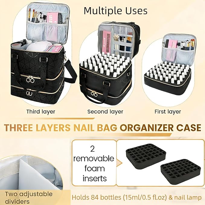 Nail Polish Organizer Bag Holds 84 Bottles & Nail Lamp, 3 Layers Nail Kit Storage Carrying Case Pu Leather, Large Nail Supplies Organizer With Shoulder Strap, Portable Travel Nail Bag For Nail Tech - Image 2