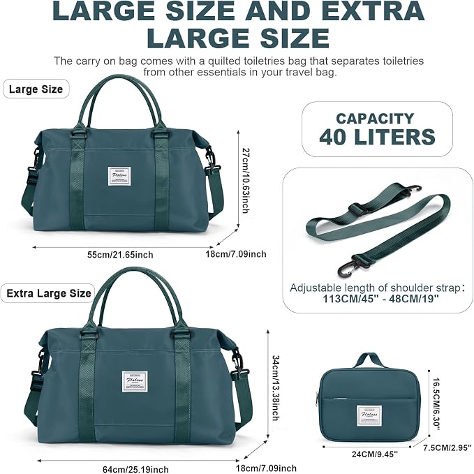 HYC00 Travel Duffel Bag with Toiletry Bag,Weekender Overnight Bag for Women,Carry-on Bag with Wet Pocket,Gym Bag,Extra Large,Peacock Blue - Image 2