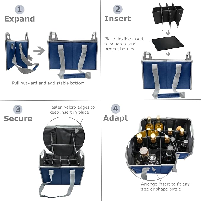12 Bottle Wine Carrier Bag Collapsible Reusable with Strap for Liquor Champagne Beer Glasses Storage Shopping Travel (Navy Blue) - Image 4