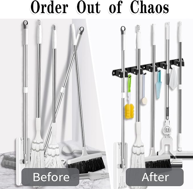AceMining 2 Pack Black 5 Racks and 4 Hooks Mop and Broom Holder Wall Mount, Broom Organizer Storage Tool Racks Stainless Steel Heavy Duty Hooks Self Adhesive Solid Non-slip for Home Kitchen Garden - Image 6