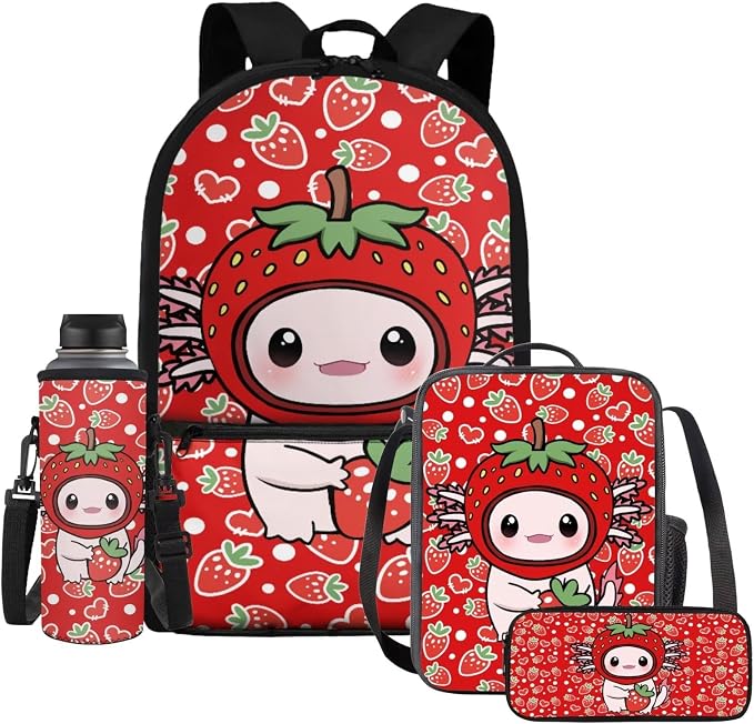 Strawberry Axolotl Backpack for Kids Girls 6-12, Cute School Bag and Lunch Box, 4 Piece Set, 17 Inch Lightweight Back to School Supplies, Reduce the Stress by 40% by Dremagia