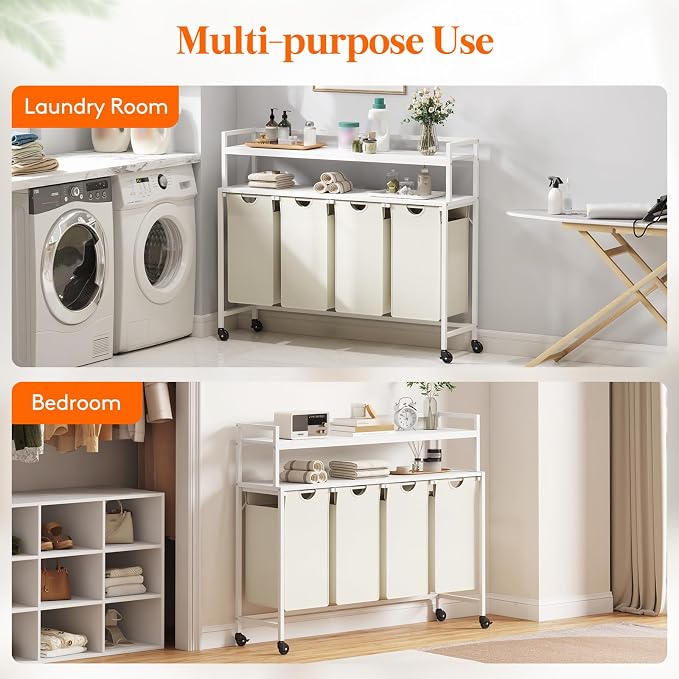 Lifewit Laundry Hamper 4 Section, 168L Pull out Laundry Clothes Basket Organizer with Large Top Shelf and 4 Removable Bags and Handles for Laundry Room Bedroom Bathroom, White with Shelves and Wheels - Image 7