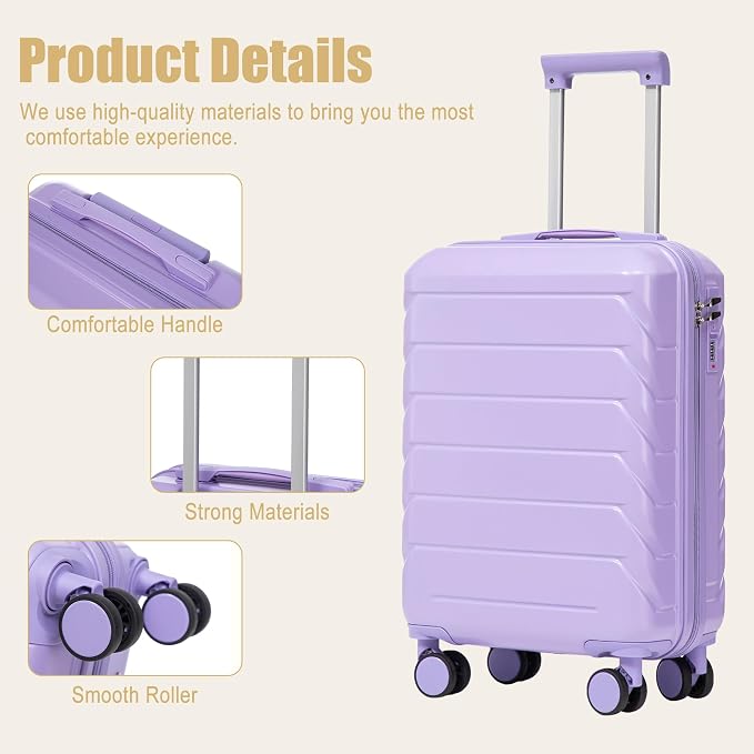 GDFStudio 20 Inch ABS Hard Shell Carry-On Luggage, Spinner Wheel Suitcase with Printed Stripe Pattern and TSA Combination Lock - Blue+Purple - Image 5