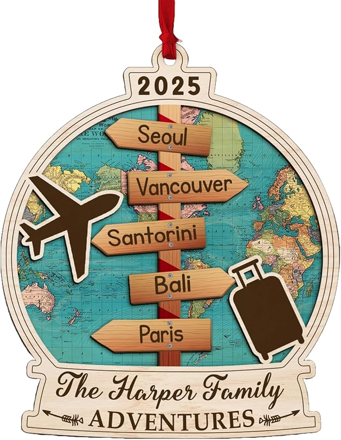 Custom Travel Adventure Ornament, Personalized Travel Adventures Ornament 2025, 2-Layered World Traveler Ornaments, Traveling Destination Christmas Ornaments, Family Travel Gift
