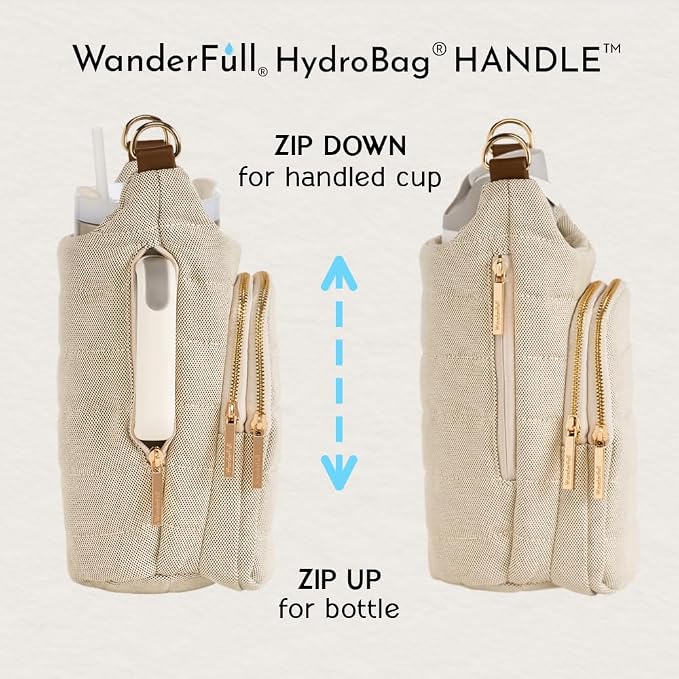 WanderFull Original HydroBag HANDLE®, Zipper for Handle, 40 oz Water Bottle Holder w/Strap, Mother’s Day Gift, Crossbody Carrier w/Phone Pocket - Black Matte w/Vegan Leather Strap - Image 6