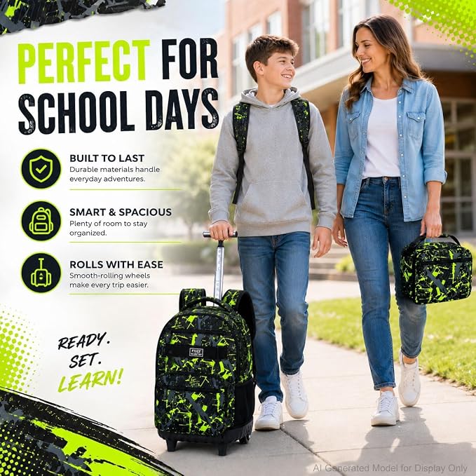 3Pcs Rolling Backpack for Boys, Men Roller Bag with Wheels for Adults, 19 Inche Graffiti Wheeled Bookbag with Lunch Box(Green) - Image 7