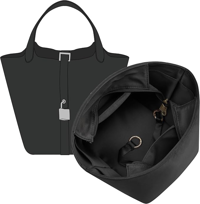 Doxo Picotin 18 Luxury Satin Purse Organizer Insert - Silky Smooth Picotin 18 Bag Insert with Multiple Pockets, Soft Touch Inner Liner for Women's Handbags, Fits Hermes Style Picotin Bags(PC18, Black) by Doxo