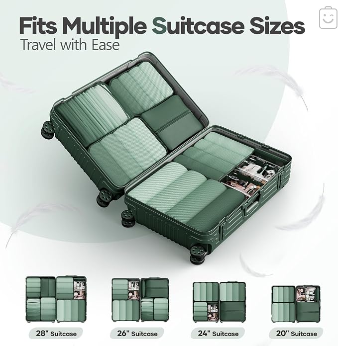 Veken 9/11 Set Compression Packing Cubes for Travel Essentials,Compressible Expandable Luggage Suitcase Organizer Bags with Garment Bag,Space Saver Bags with Over 1000 pcs of Mesh Holes(Dark Green) - Image 8