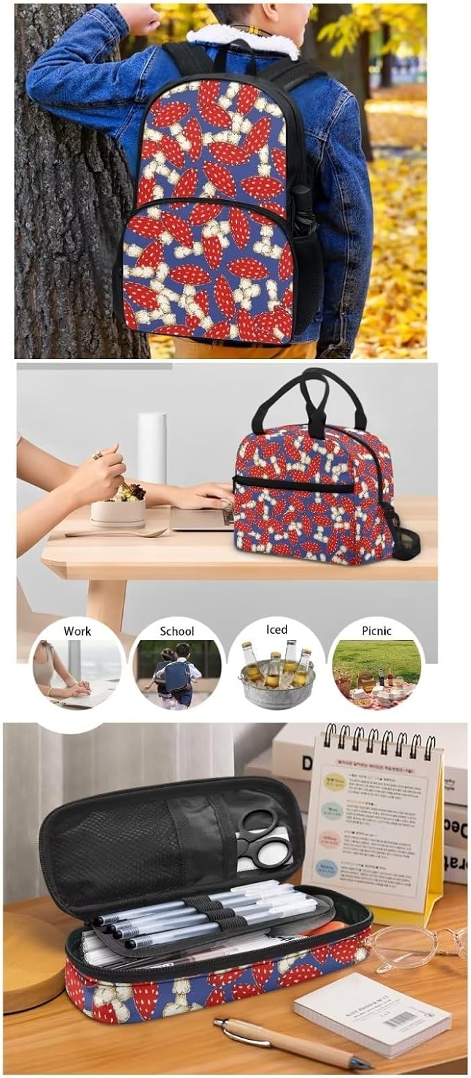 Blue Mushroom Backpack Set for Girls Kids Lightweight Cute School Backpack with Lunch Box Pencil Case Adjustable Strap Padded Book Bag Insulated Lunch Bag - Image 5