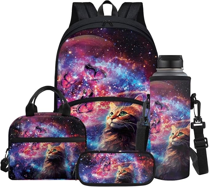 Galaxy Cat Butterfly Print Boys Backpacks 4pcs/set School Bag Bookbags Shoulder Water Bottle Sleeve Insulated Food Handbags Case Pencil Holder by Glomenade
