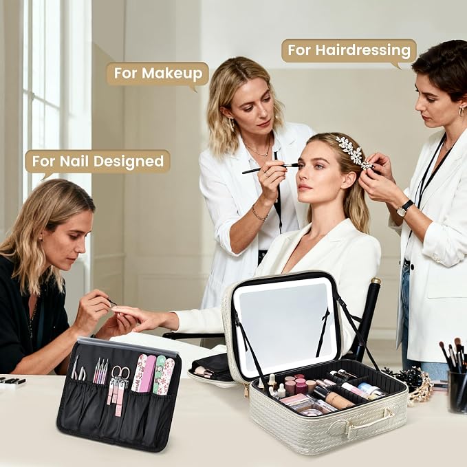 Faquenc Makeup Bag with LED Lighted Mirror 12.2 IN Cosmetic Train Case Double Layer Makeup Case Adjustable Brightness in 3 Colors Cosmetic Organizer Artist Storage with Brush Holder Vanity Beige - Image 2