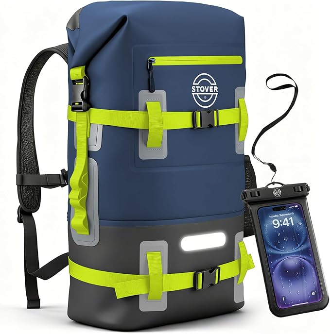 STOVER 30L Waterproof Dry Backpack & Phone Case - X-Large Floating Dry Bag for Kayaking, Travel, Hiking, Fishing, Camping, Motorcycles & Beach, Heavy-Duty Roll Top Men/Women (Navy Blue/Black/Green) by STOVER